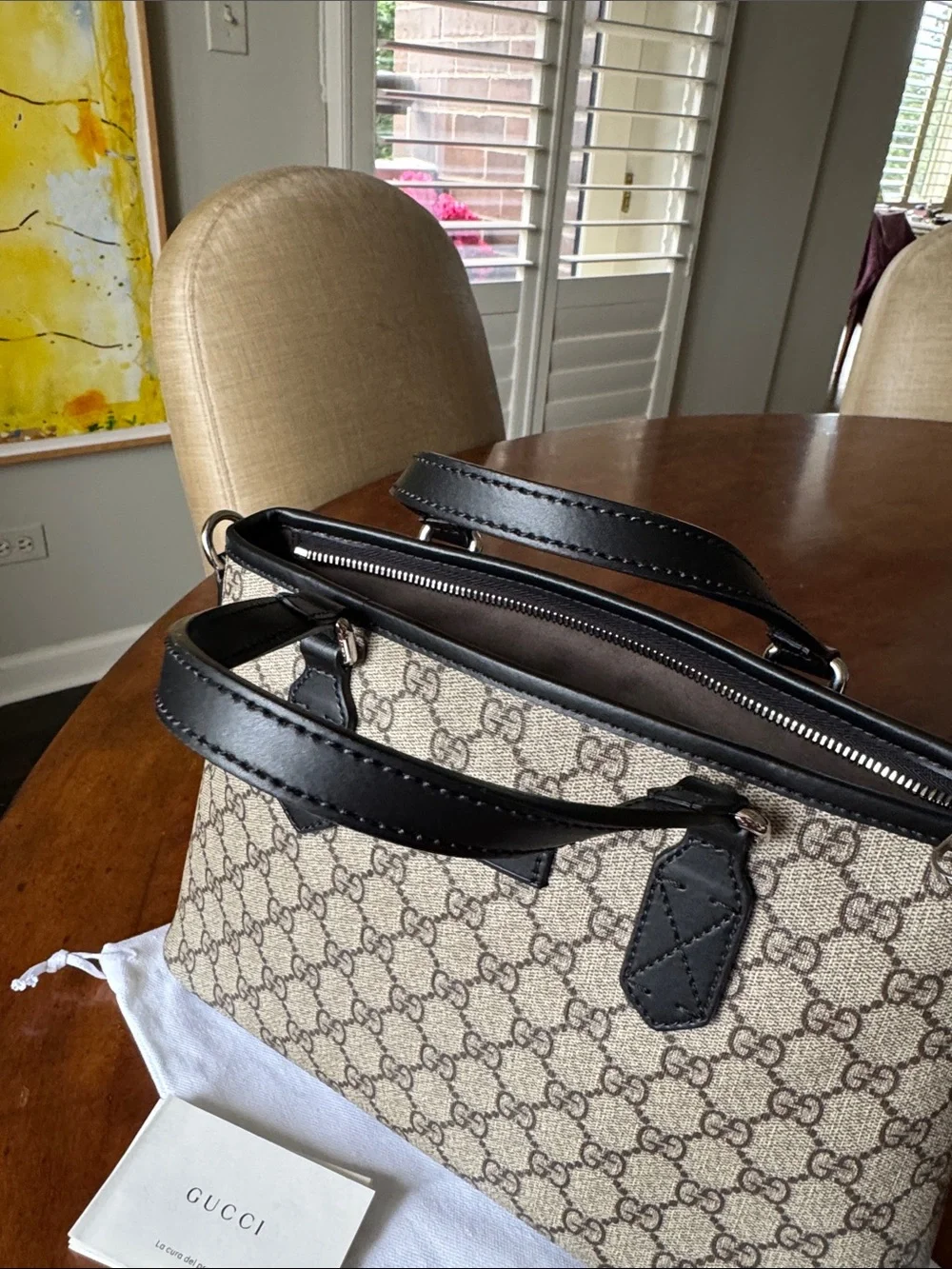 Gucci Beige GG Canvas Satchel with Black Leather Trim